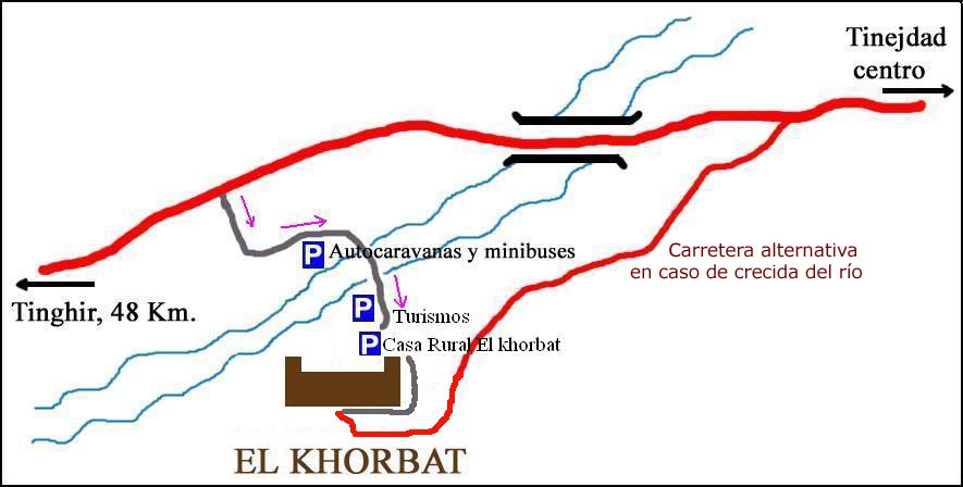 Mapa de accesos al ksar El Khorbat, Marruecos.