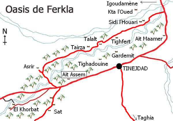 Mapa del oasis de Ferkla (Tinejdad) en el sur de Marruecos.