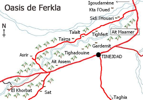 Mapa de l'oasi de Ferkla, Tinejdad, al sud del Marroc.
