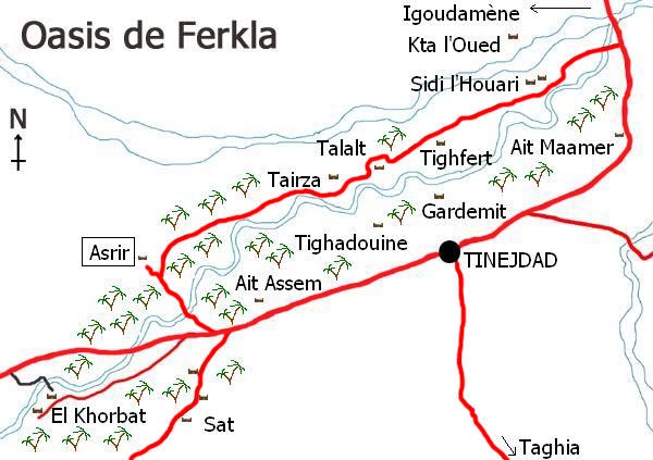 Mapa de l'oasi de Ferkla, Tinejdad, Marroc.