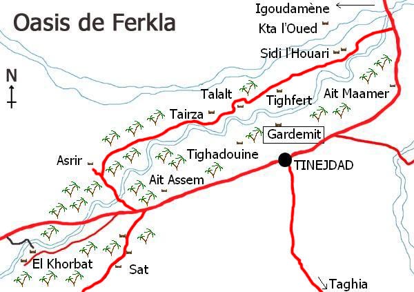 Mapa de l'oasi de Ferkla, Tinejdad, Marroc.