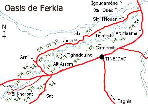 Mapa de l’oasi de Ferkla a Tinejdad, sud del Marroc.