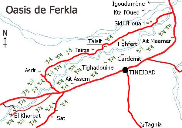 Ferkla oasis map, Tinejdad, south Morocco.