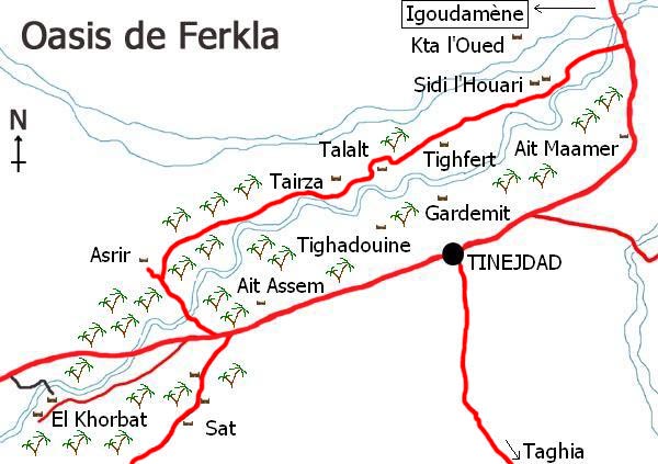 Mapa del oasis de Ferkla, Tinejdad, sur de Marruecos.