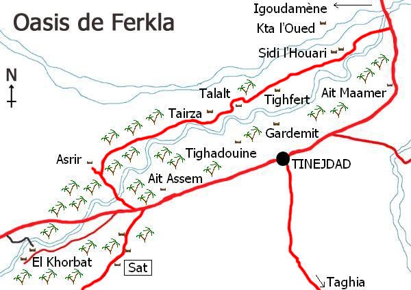 Mapa de l’oasi de Ferkla, Tinejdad, Marroc.