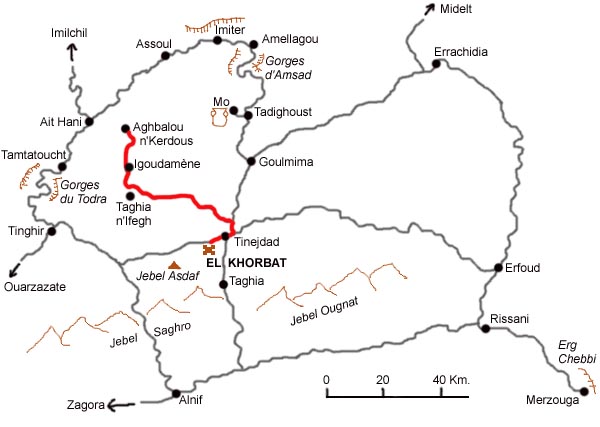 Carte de l’excursion de Tinejdad à Aghbalou n’Kerdous.