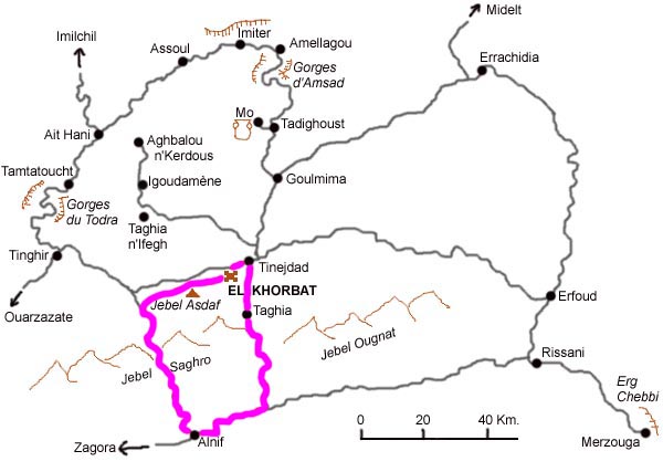 Map of the circuit through Alnif, the Jebel Saghro and the Jebel Ougnat.