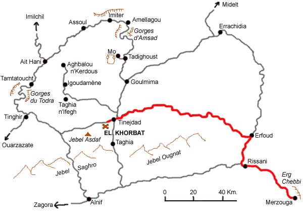 Carte de l’excursion à Merzouga et dunes de l’Erg Chebbi.